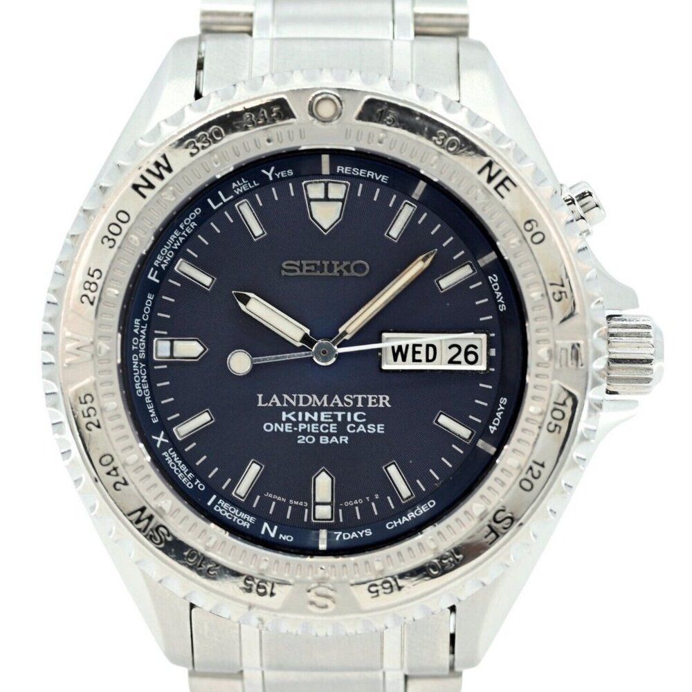 Men's 41mm Seiko Kinetic SBCW019 Landmaster One Piece Case Blue Watch 5M43-0E80!